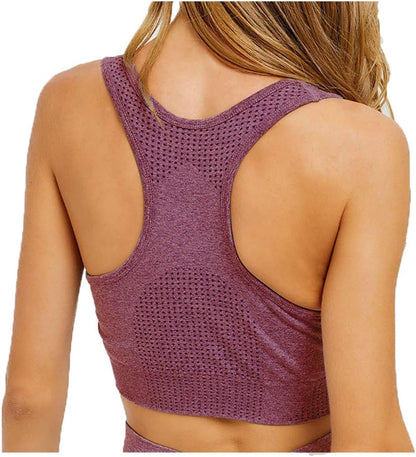 Women Seamless Yoga Workout Set 2Pcs Outfits Gym Leggings and Sports Bra (Wine, Small)