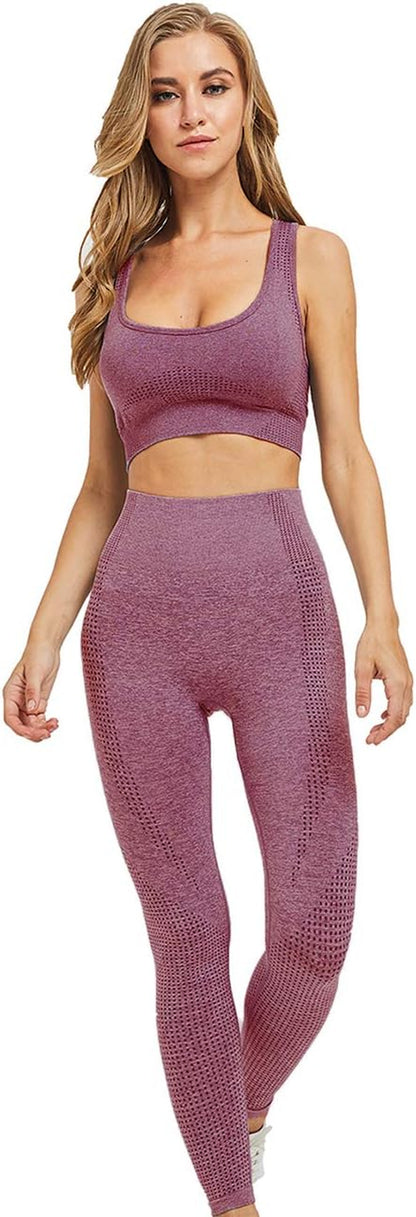 Women Seamless Yoga Workout Set 2Pcs Outfits Gym Leggings and Sports Bra (Wine, Small)